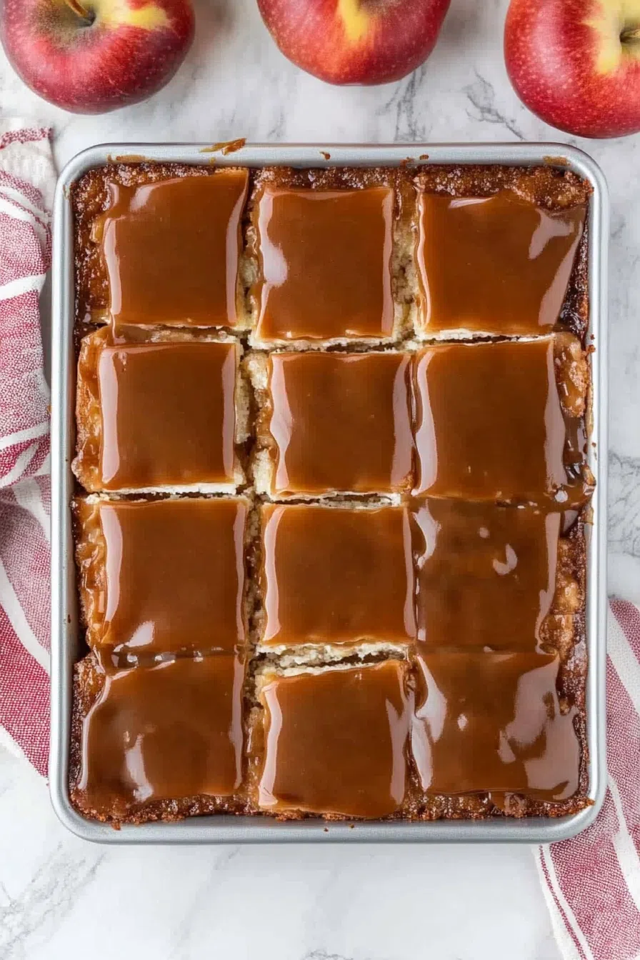A whole eclair cake with a smooth caramel topping and apple garnish, ready to be served.
