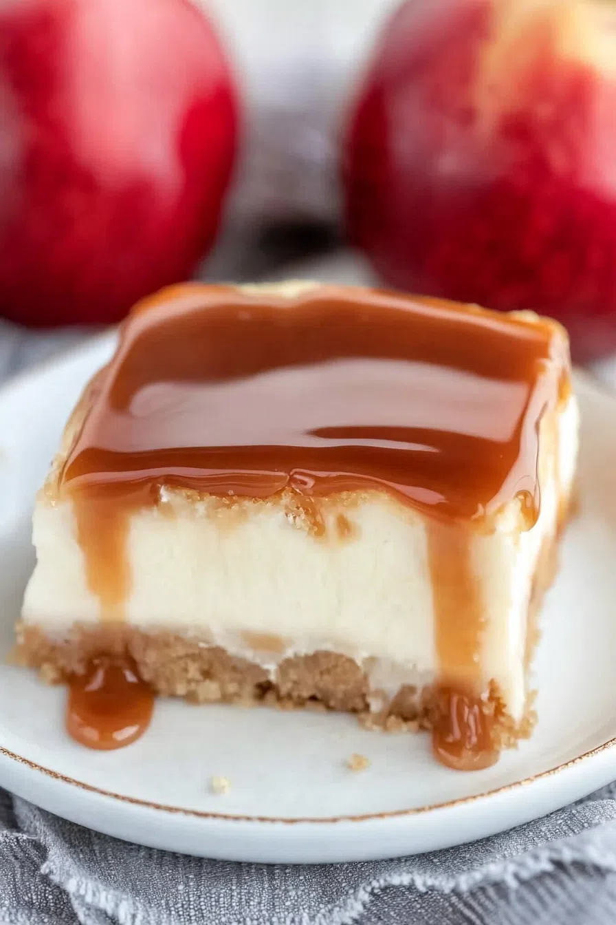A plate with a generous slice of caramel apple eclair cake, showcasing its rich and creamy texture.