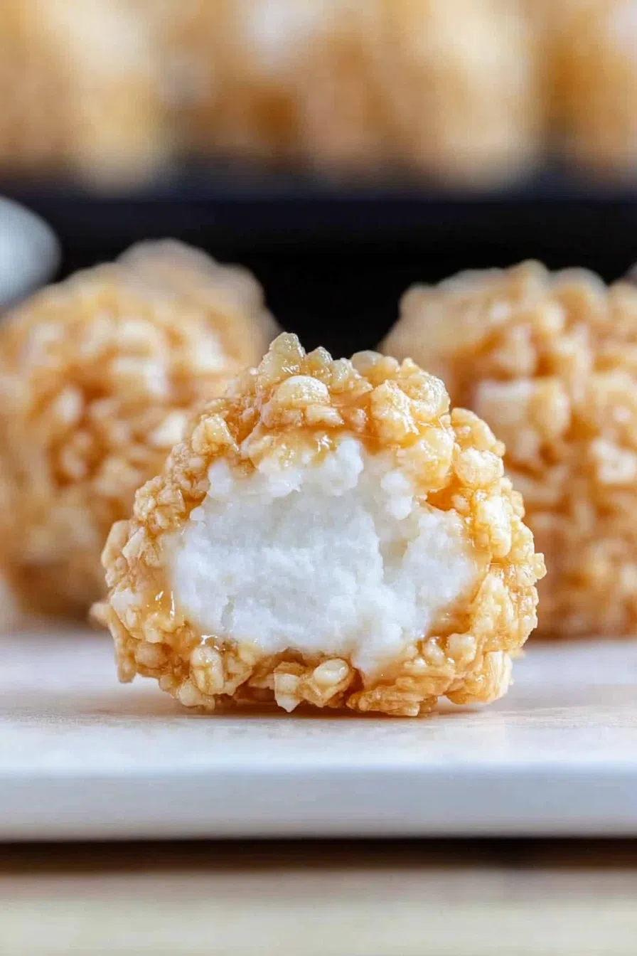 Chewy caramel-coated treats with a crispy rice cereal center, stacked on a plate.