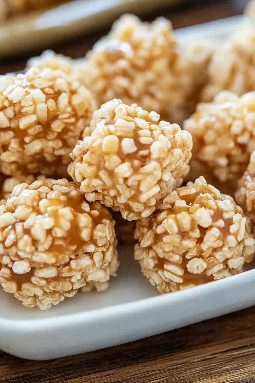 Golden caramel-dipped rice cereal bites arranged for serving.