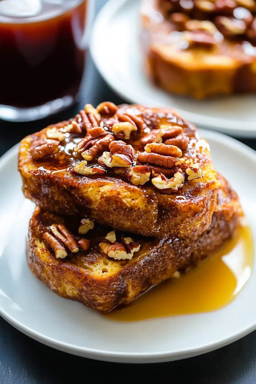Slow-cooked breakfast dish with layers of bread soaked in sweet caramel sauce.