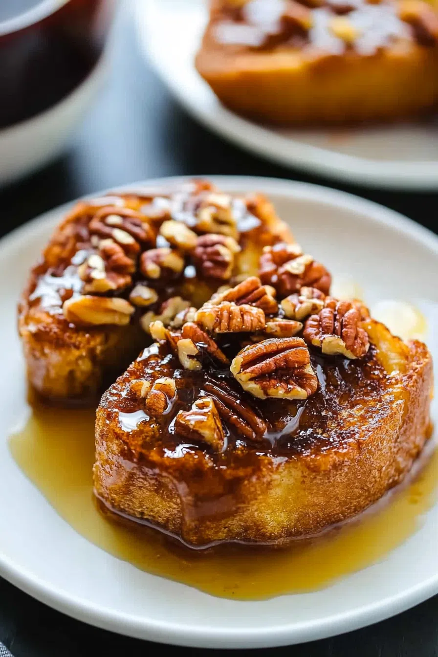 A beautifully plated French toast with caramel sauce pooling around the edges and a sprinkle of powdered sugar.