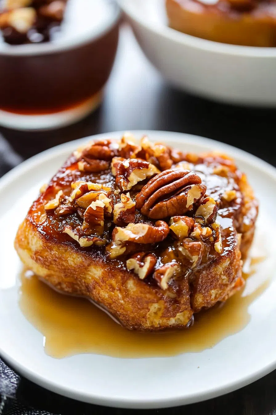 A slice of caramel pecan slow cooker French toast on a white plate, topped with a drizzle of caramel sauce.