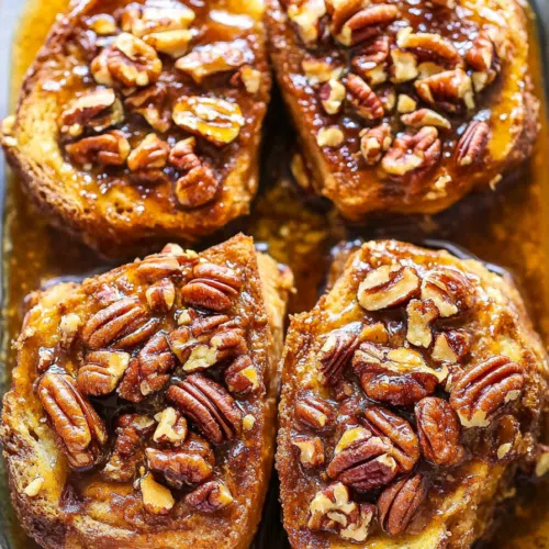 Overhead shot of the French toast in a slow cooker, with melted caramel and pecans on top.