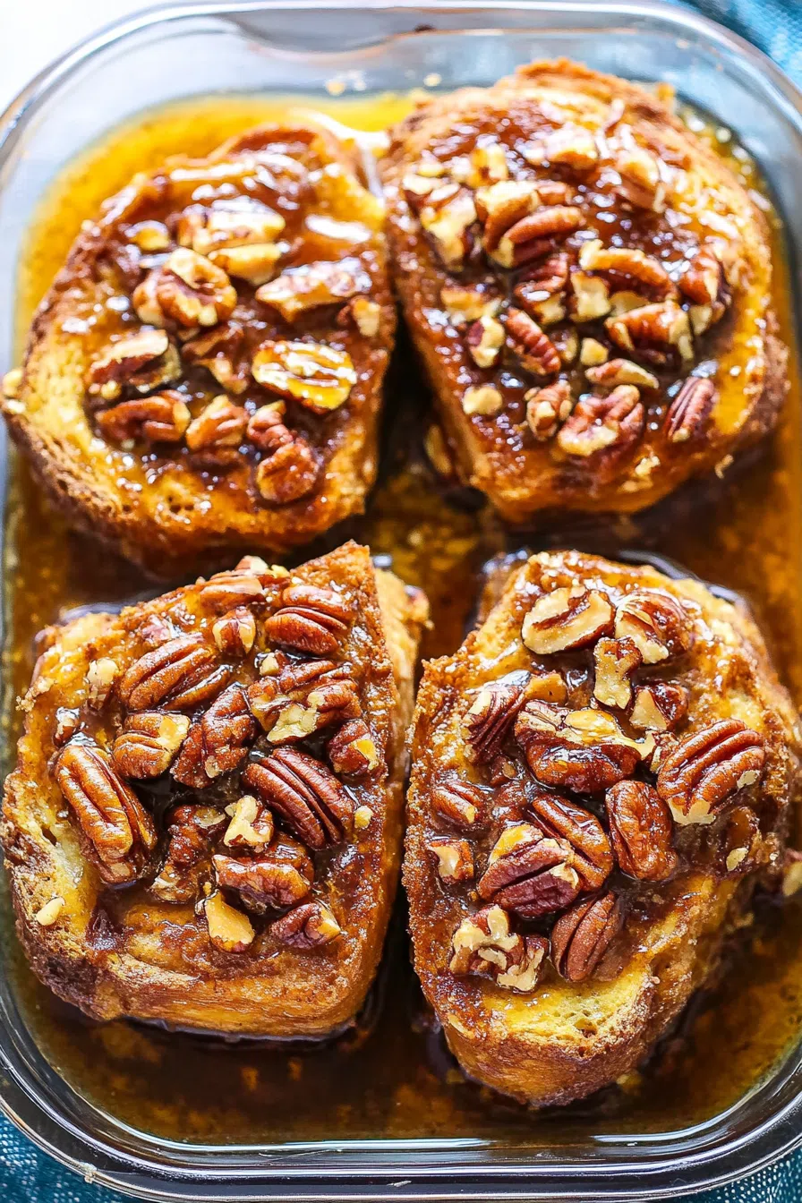 Overhead shot of the French toast in a slow cooker, with melted caramel and pecans on top.