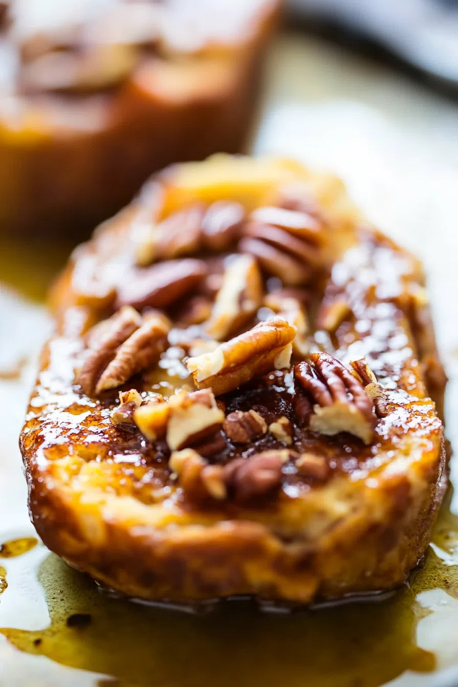 Close-up of the French toast showing its golden-brown crust, caramelized pecans, and gooey center.