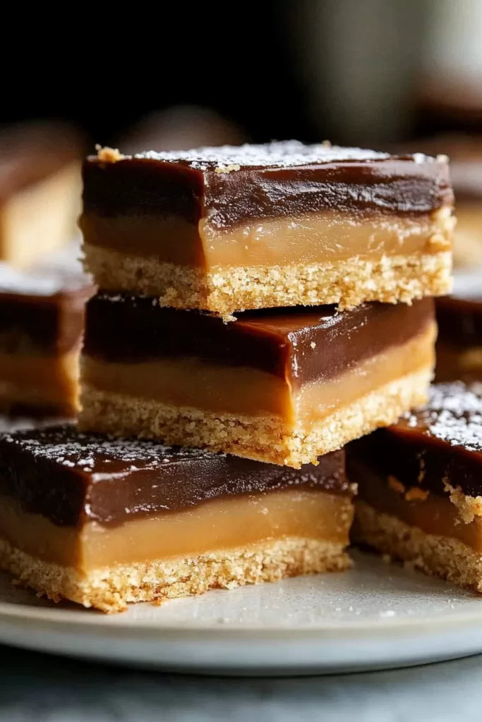 Close-up of a perfectly layered dessert bar with a golden shortbread base, smooth caramel filling, and glossy chocolate topping.