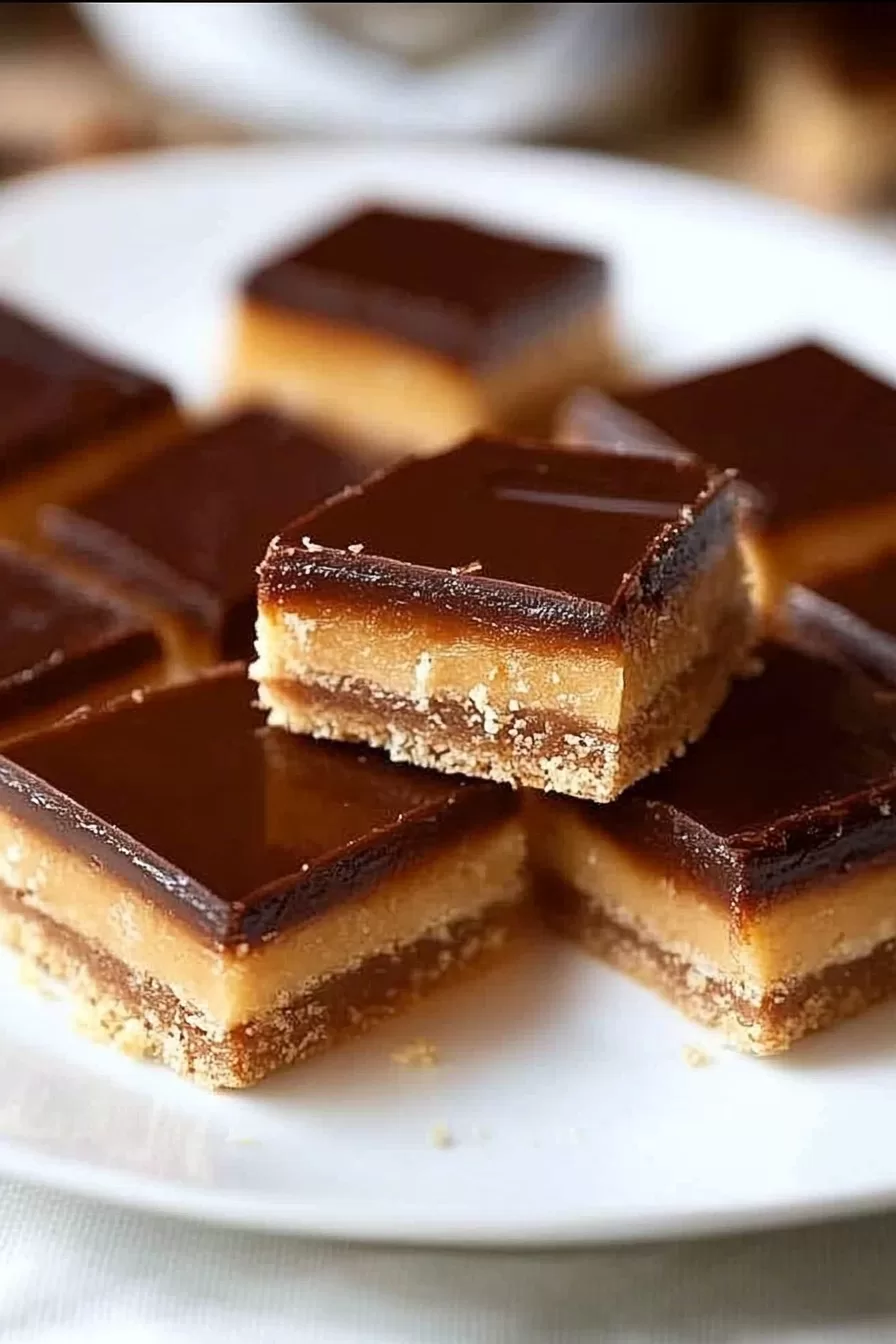 Freshly cut caramel squares neatly arranged on parchment paper, with a shiny chocolate glaze on top.