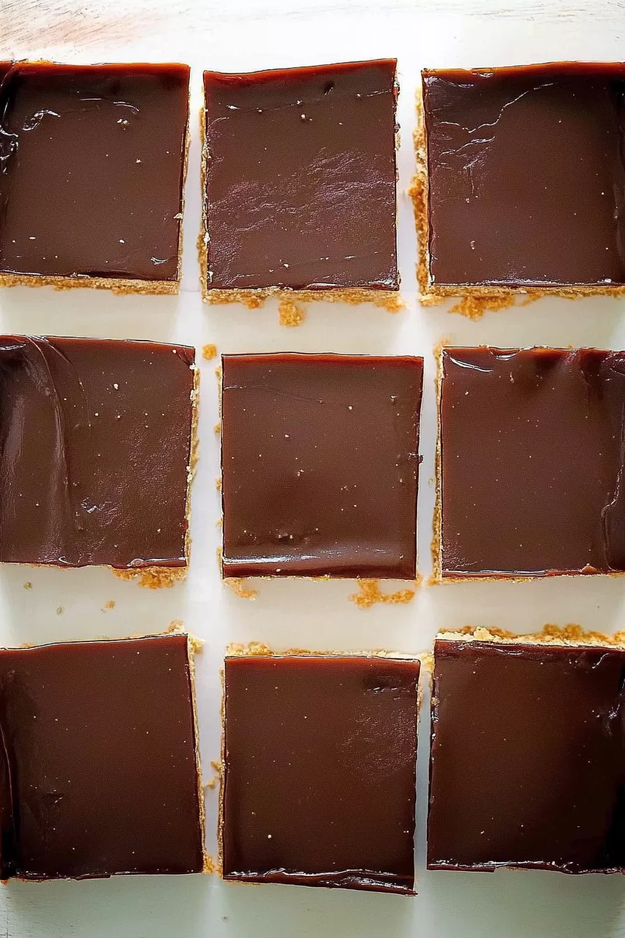 Top-down view of dessert squares with even chocolate tops and golden edges, dusted lightly with powdered sugar.