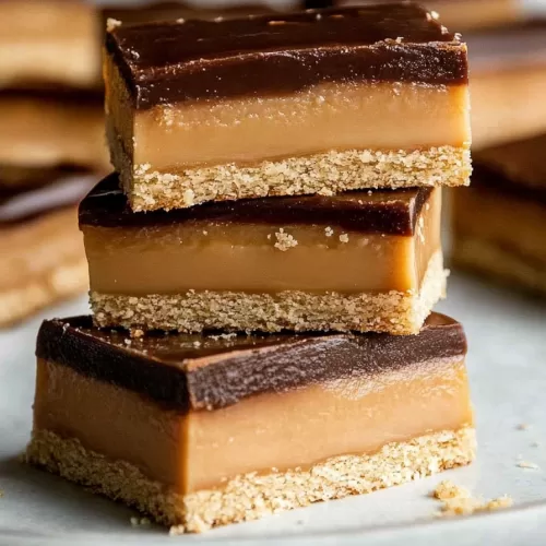 Stacked caramel chocolate bars on a plate, showing the distinct layers of shortbread, caramel, and chocolate.