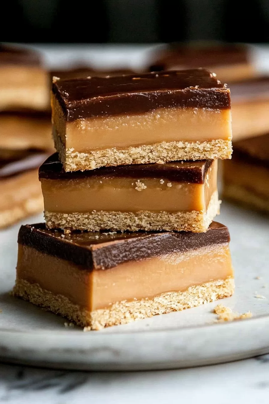 Stacked caramel chocolate bars on a plate, showing the distinct layers of shortbread, caramel, and chocolate.