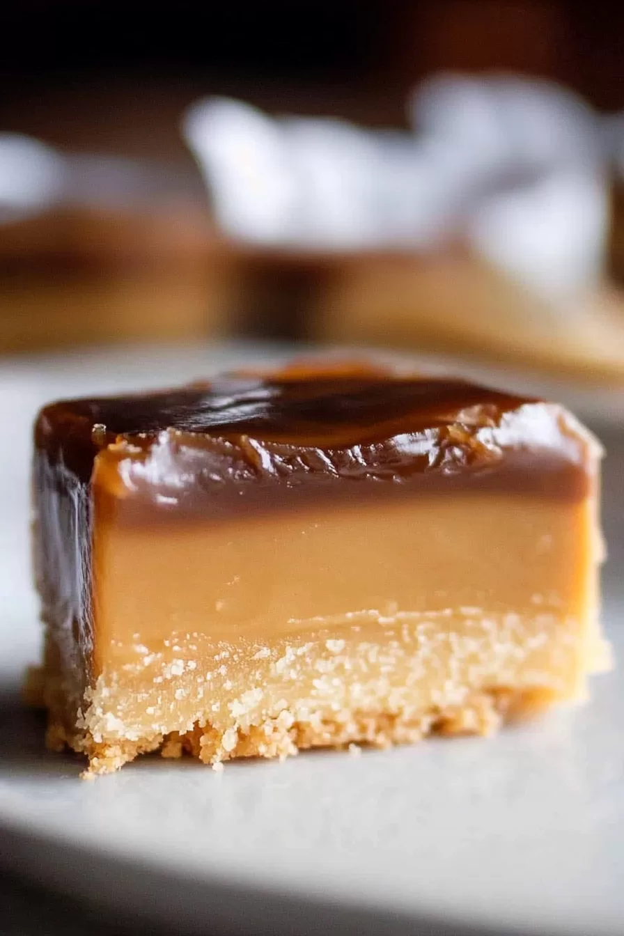 Single slice of caramel bar on a plate, highlighting the thick caramel layer and crumbly shortbread crust.