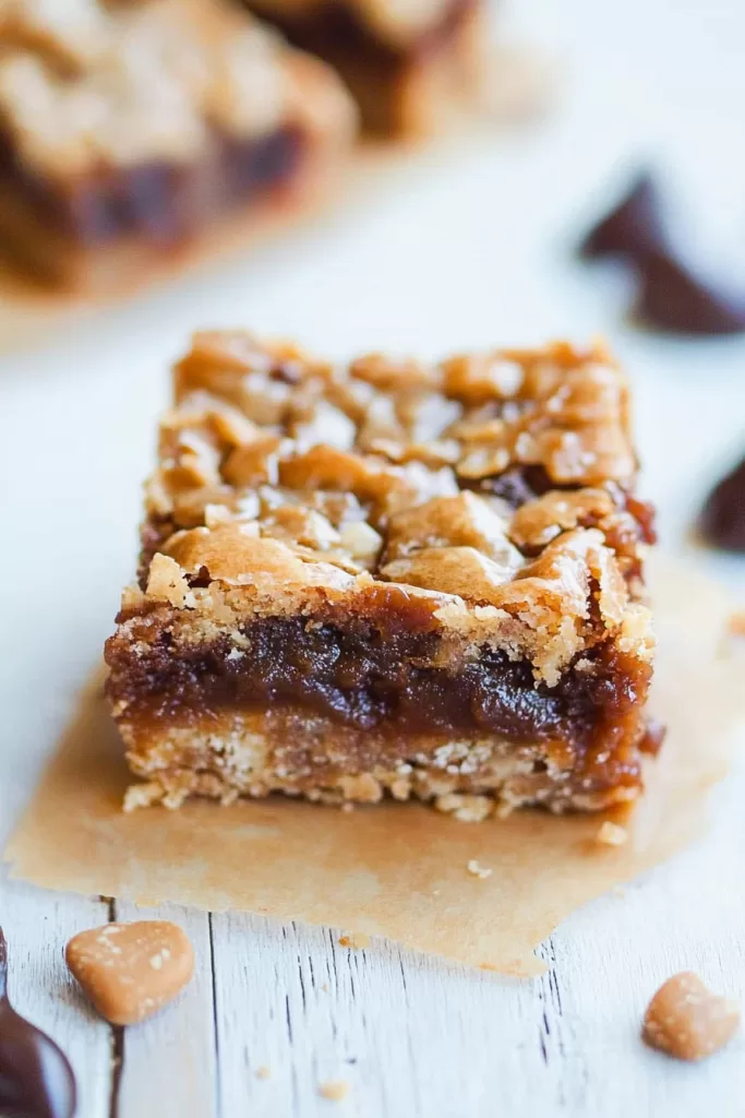 A single Caramelita square with a crumbly oat crust and glossy caramel center, surrounded by caramel pieces.