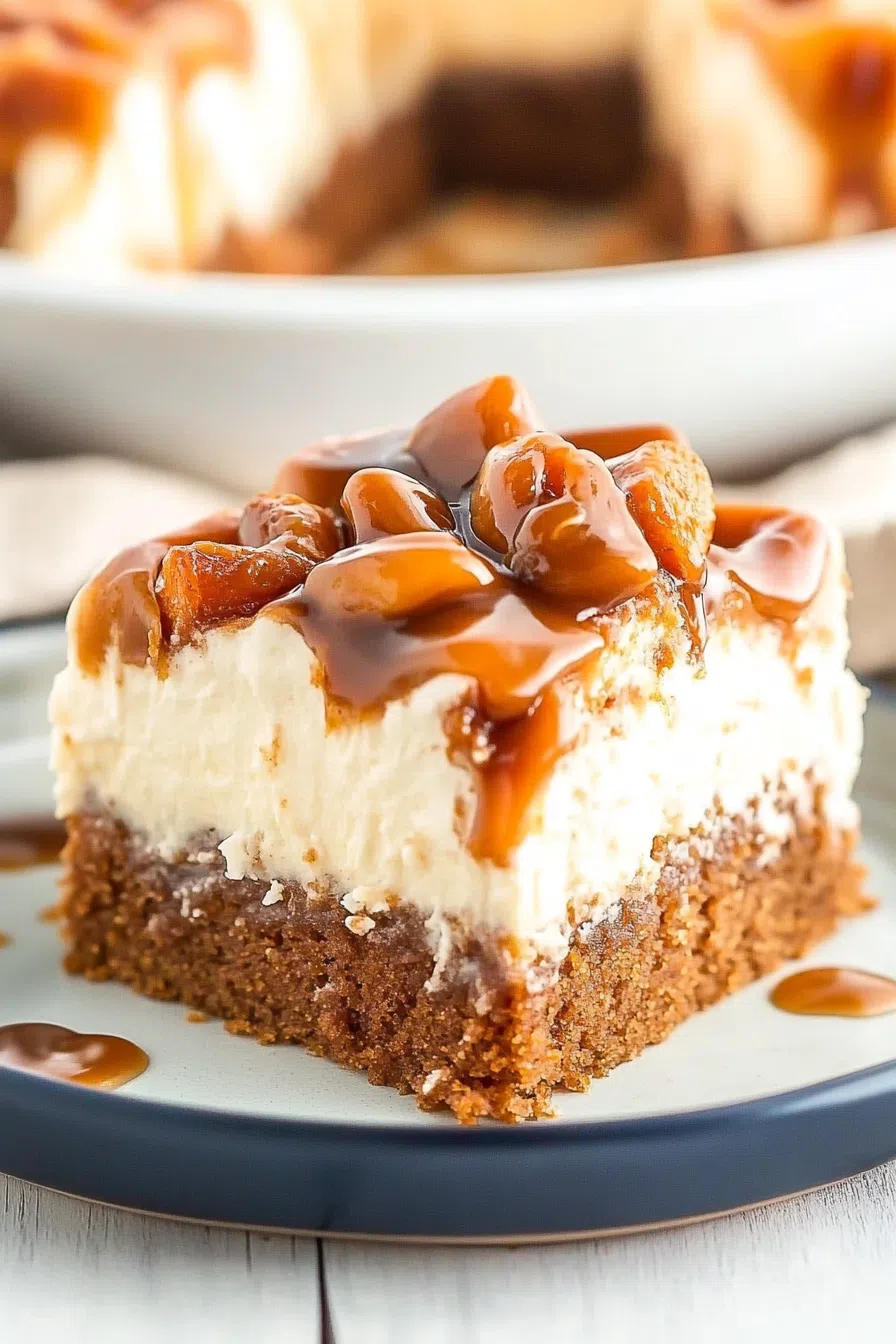 A delicious serving of carrot caramel poke cake on a white dessert plate.