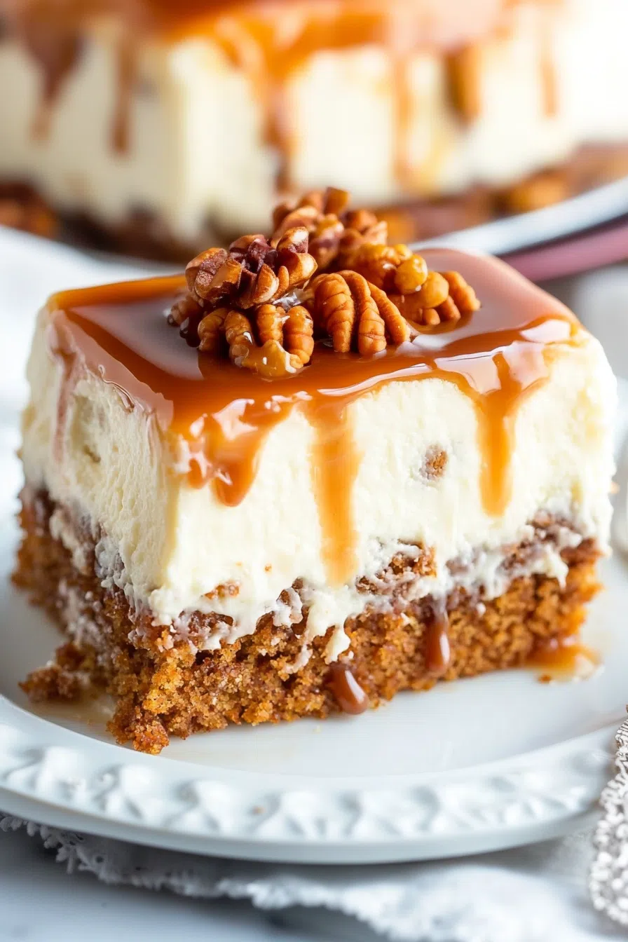 A close-up of a piece of cake topped with a luscious caramel glaze and nuts.