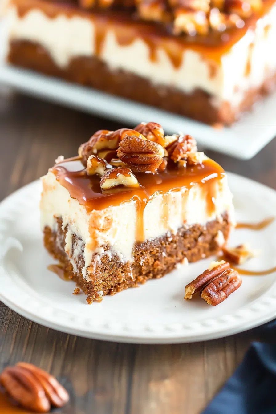 A beautifully presented carrot poke cake with caramel drizzle, ready to be enjoyed.