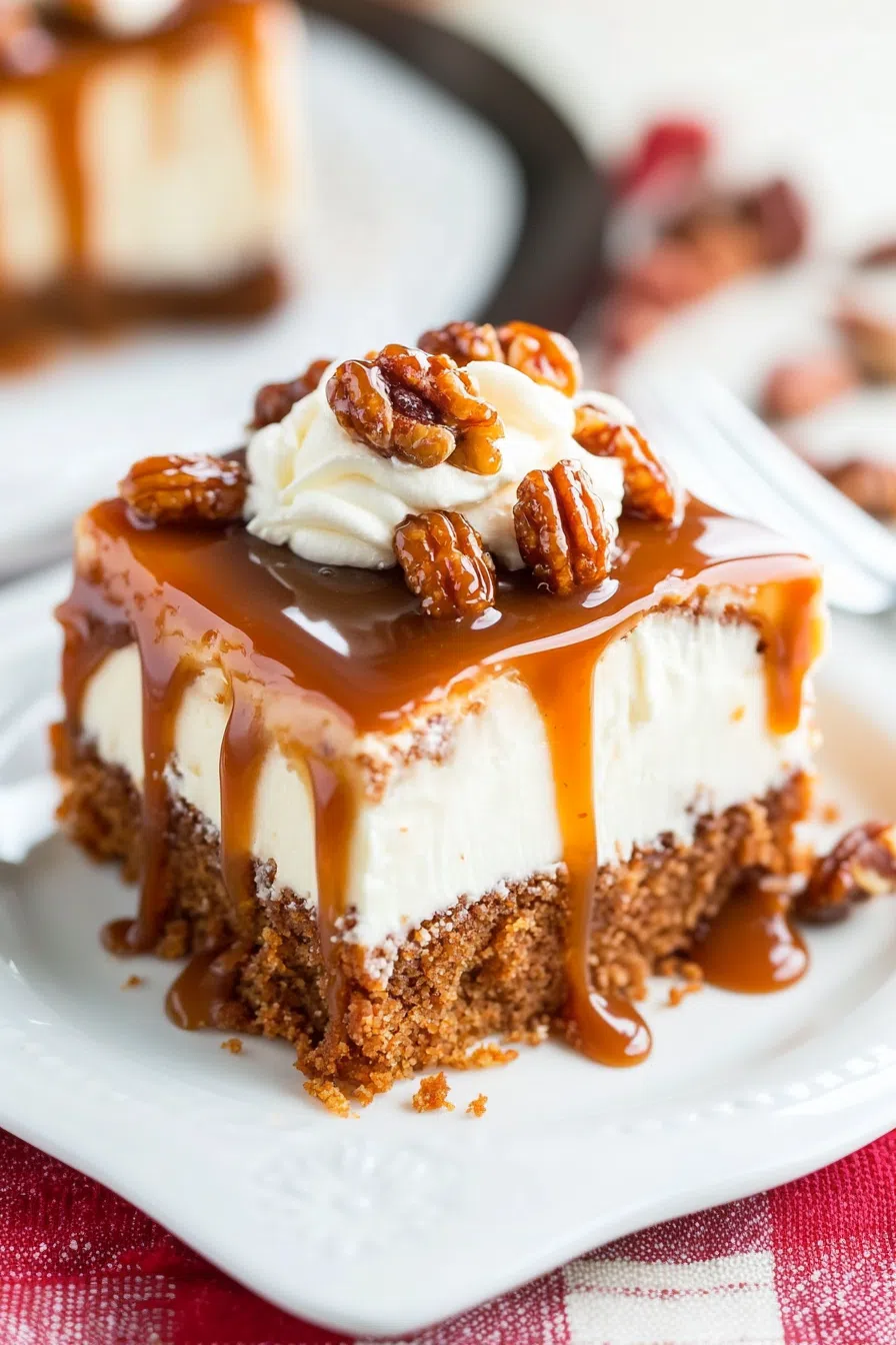 A rustic kitchen scene featuring a freshly cut carrot caramel poke cake.