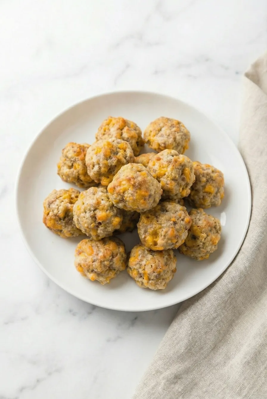 Plate of Cheddar Bay Sausage Balls served warm and ready for a party or snack
