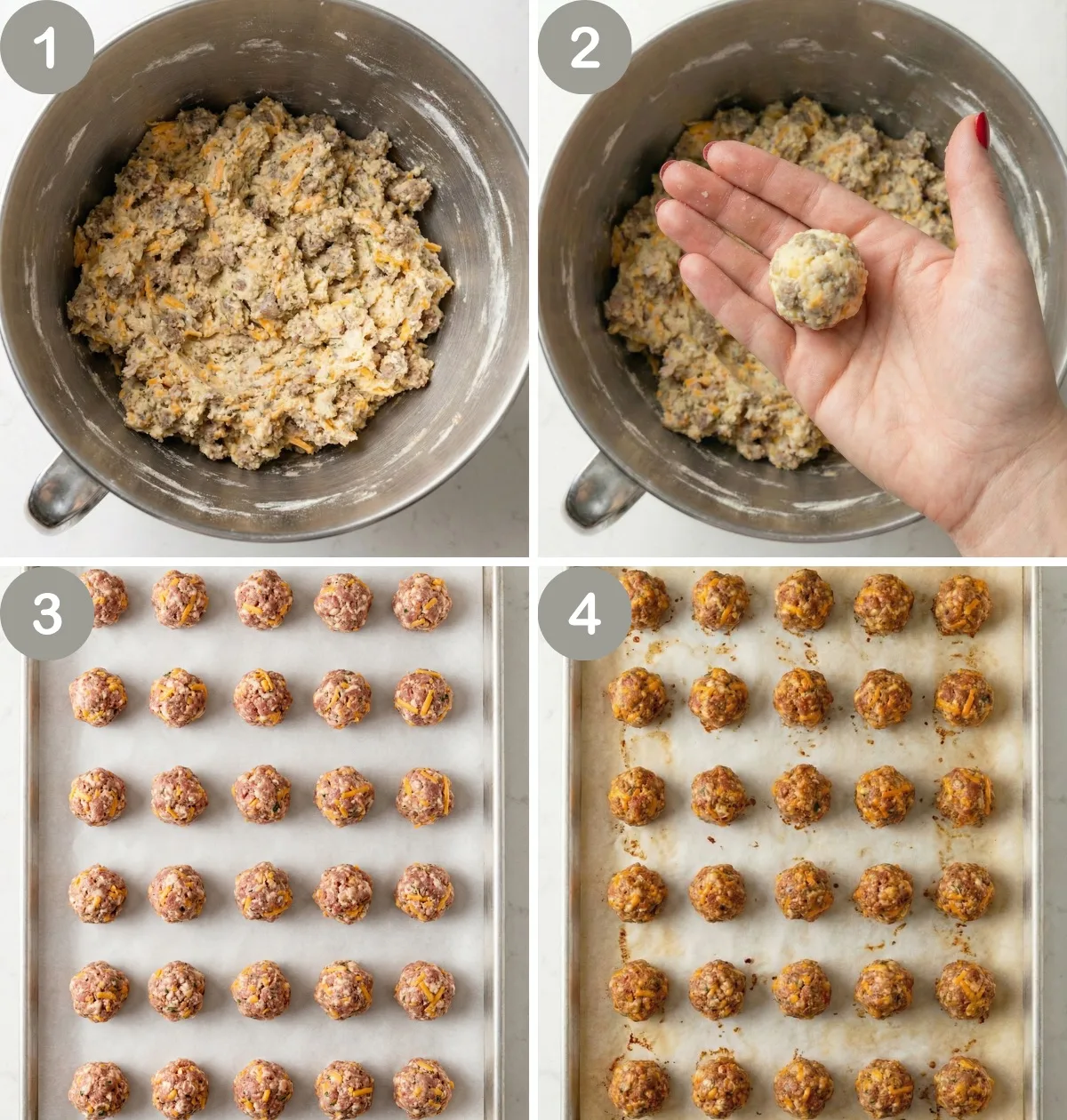 Step-by-step process showing how the sausage mixture is mixed, rolled into balls, and baked until golden