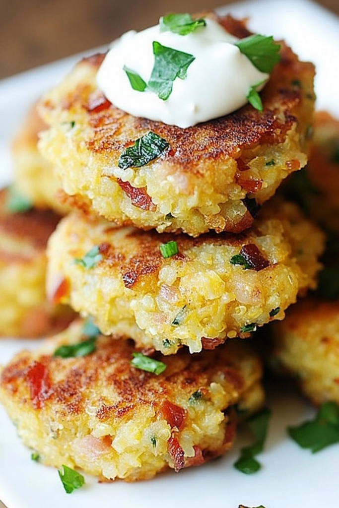 Crispy quinoa and squash patties with a golden-brown crust, arranged on a white plate.