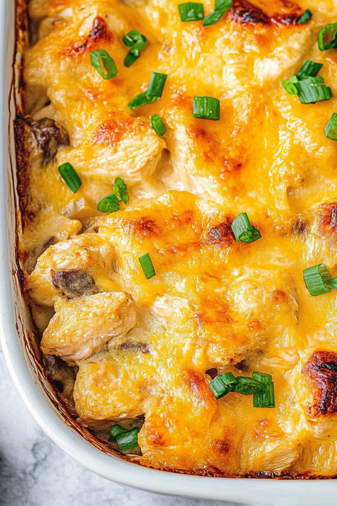 Freshly baked casserole with golden biscuits and a rich, hearty sauce.