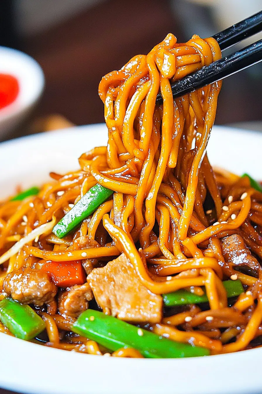 Chopsticks lifting a tangle of saucy noodles with vibrant vegetables and tender chicken pieces.