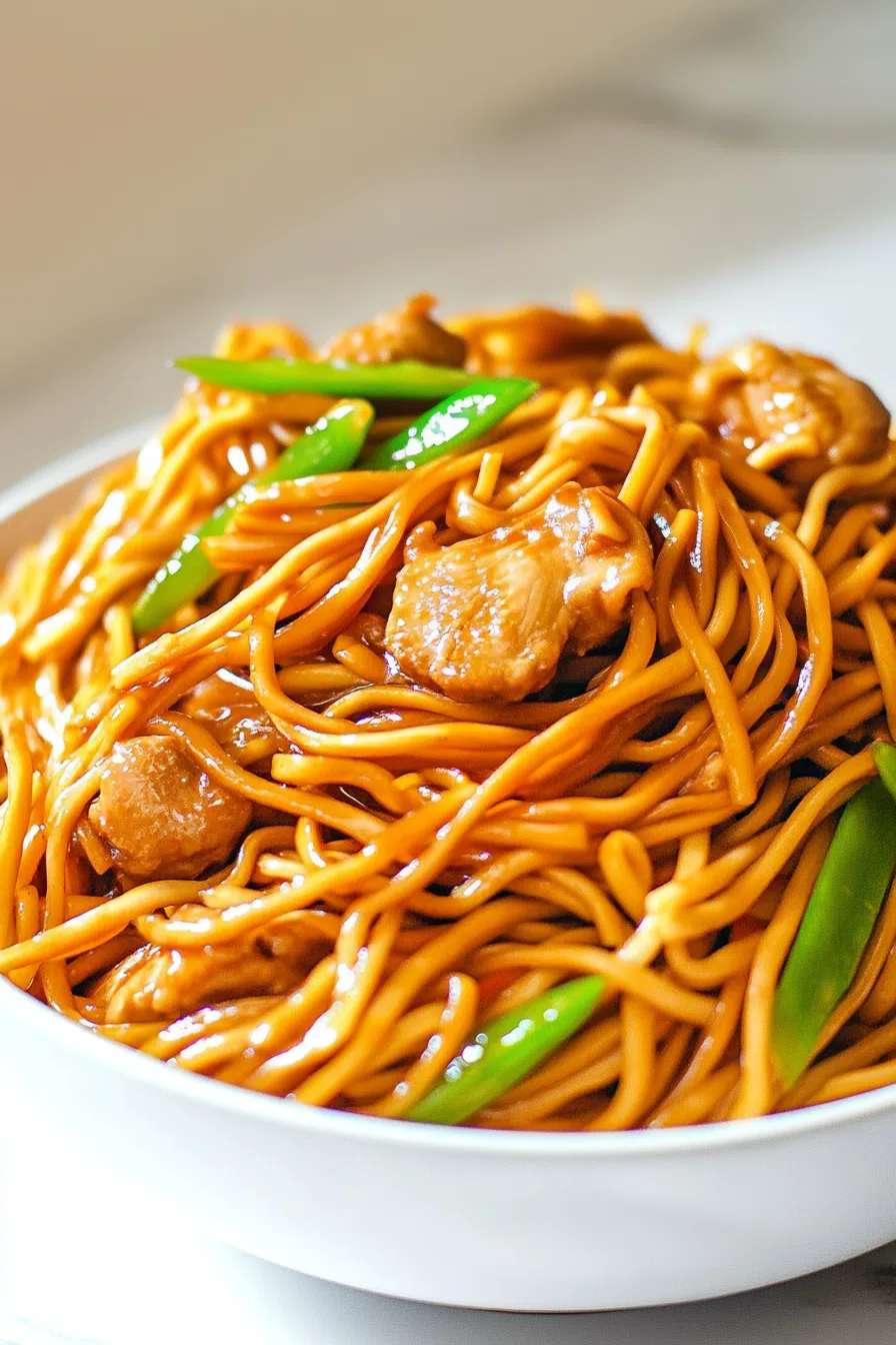 A steaming bowl of chicken chow mein, topped with sesame seeds and fresh scallions.