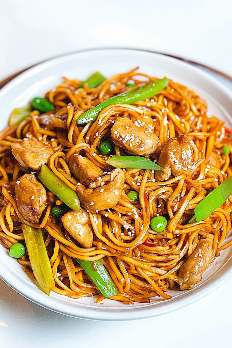 A serving of noodles with tender chicken, colorful vegetables, and a rich savory glaze.
