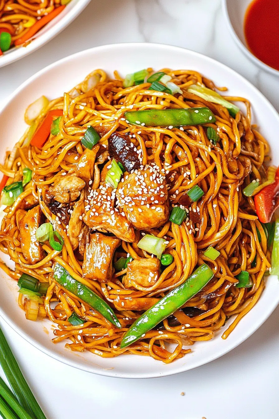 Overhead shot of chicken chow mein garnished with sesame seeds and crunchy snow peas.