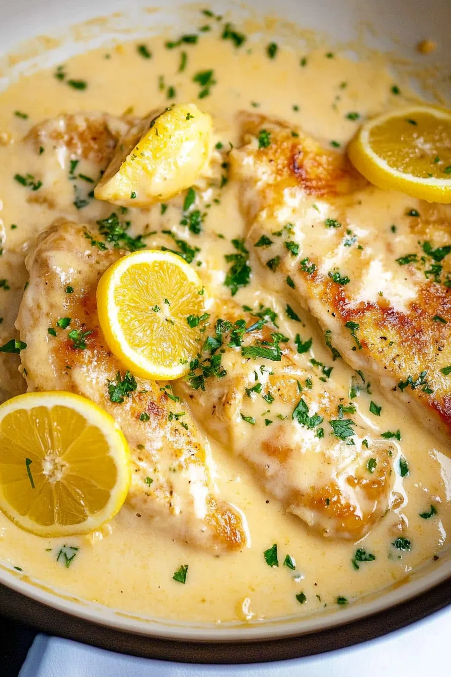 Close-up of a chicken Francese fillet showing its golden-brown crust and drizzled lemon-butter sauce.