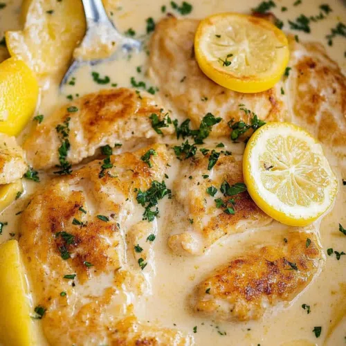 A plate of chicken Francese garnished with lemon slices and fresh parsley.
