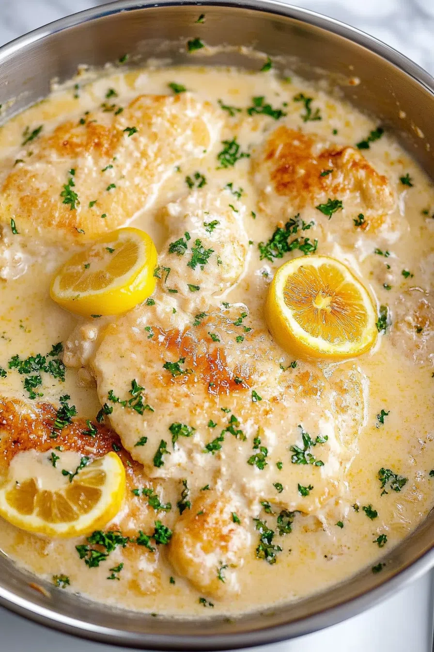 Chicken cutlets in a skillet, simmering in a rich, buttery lemon sauce.