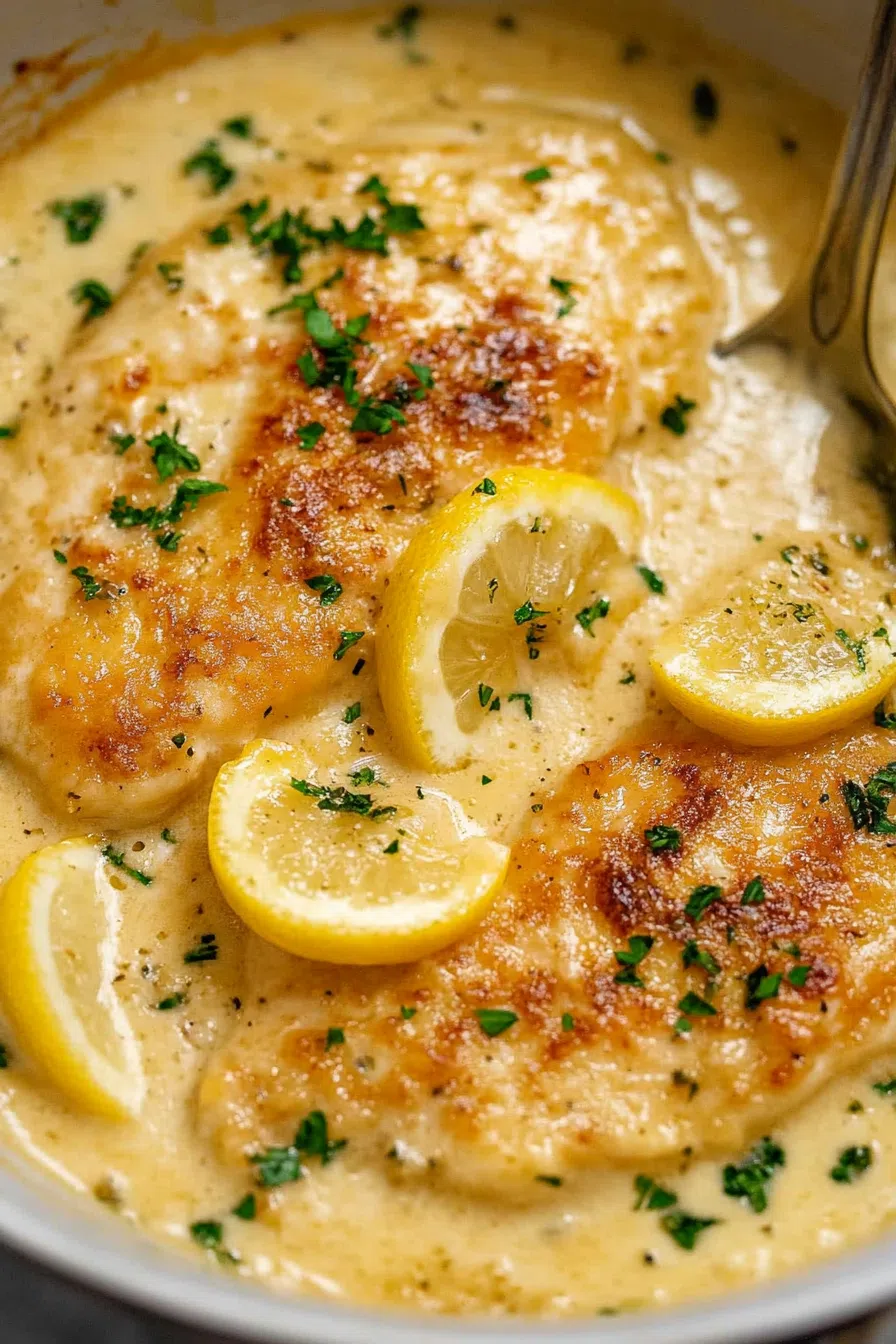A close-up of tender chicken with a crispy coating, garnished with fresh parsley.