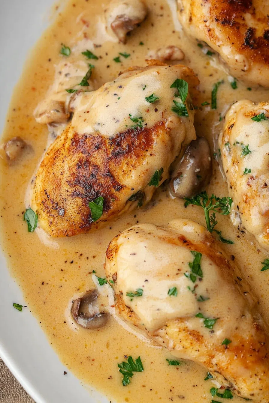 A close-up of a single piece of chicken, highlighting its golden-brown exterior and the rich, creamy sauce.