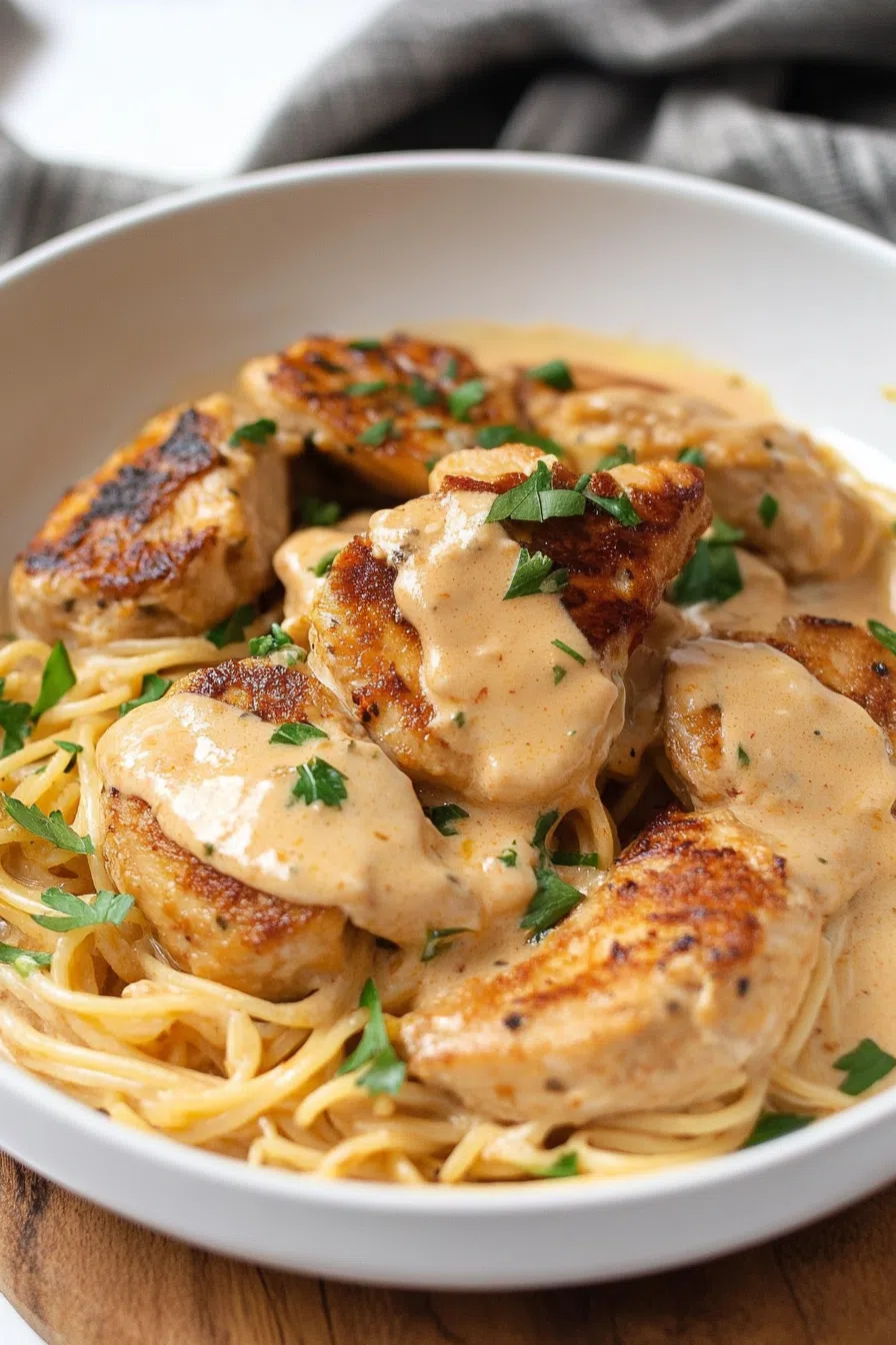 An overhead shot of the entire dish, with tender chicken pieces in a velvety sauce, served on a white platter.
