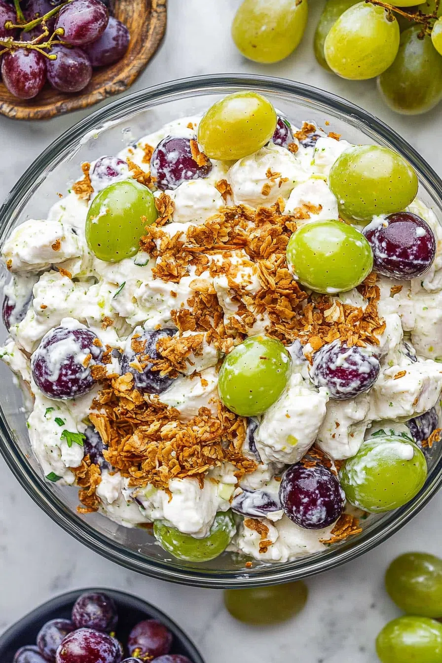 A bowl of grape salad topped with brown sugar and pecan pieces.