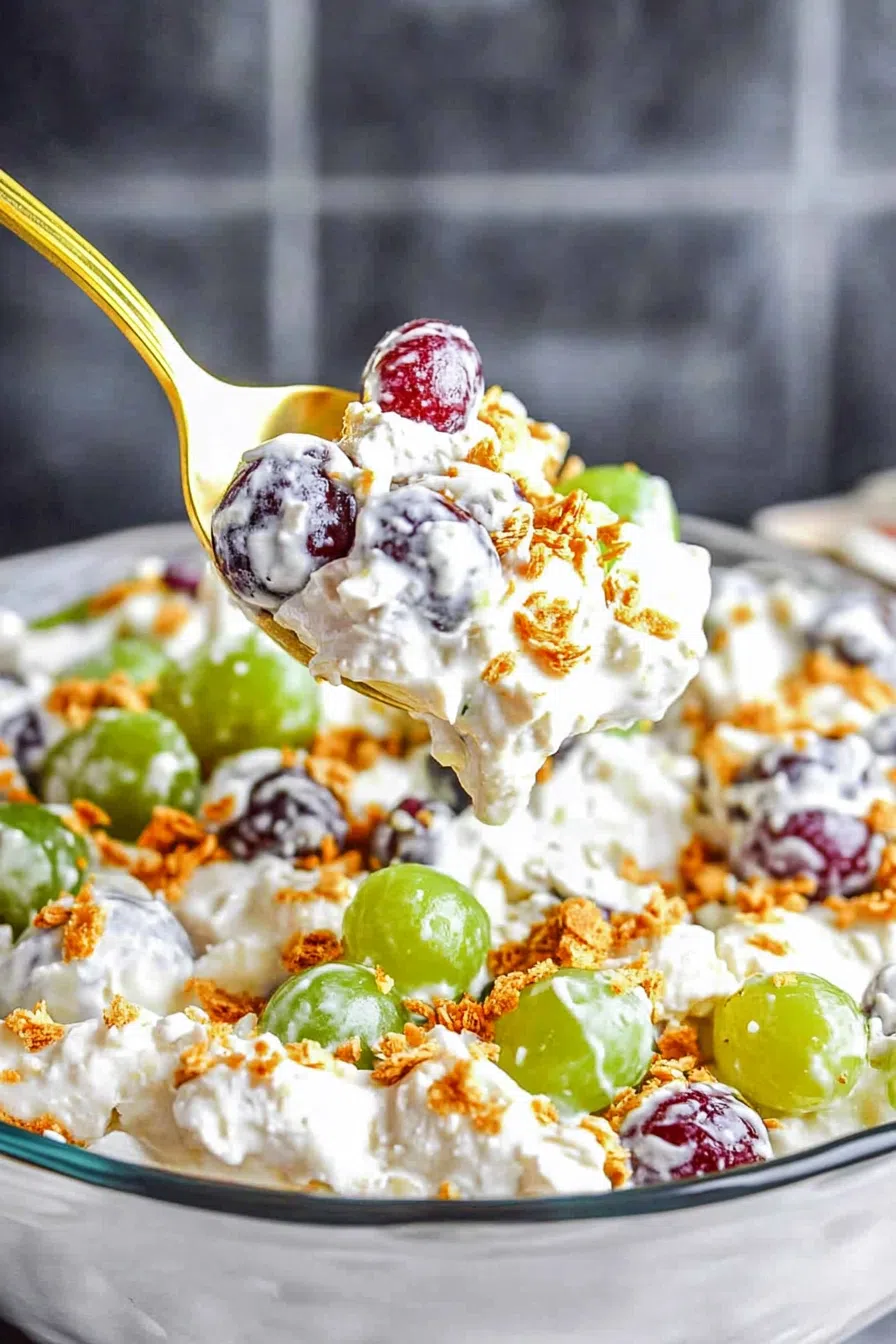 A spoonful of creamy grape salad with visible pecans and grape halves.