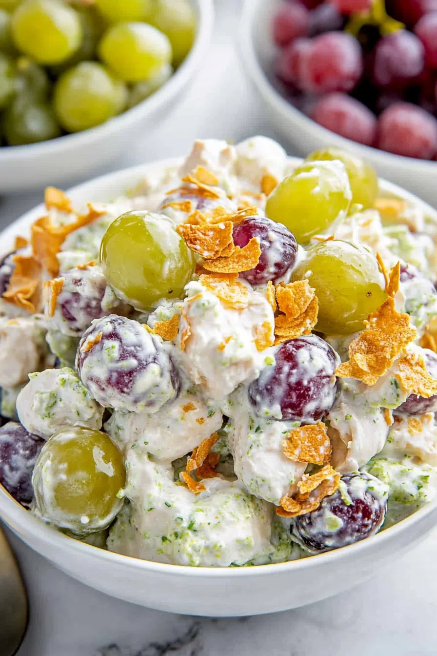Close-up of the grape salad showcasing a mix of green and red grapes coated in creamy dressing.