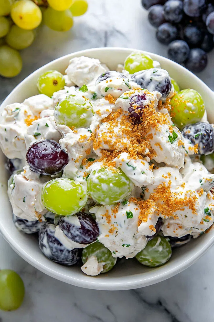 Overhead shot of grape salad in a clear glass bowl, garnished with chopped pecans.