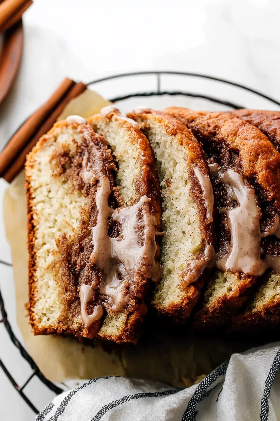 Close-up view of a loaf of cinnamon bread, showcasing the swirls of cinnamon throughout the bread.