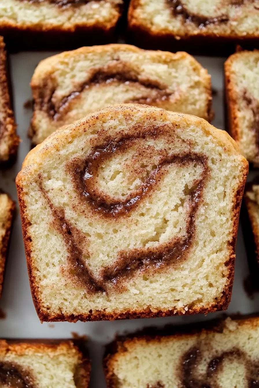 Overhead shot of sliced cinnamon bread on a wooden cutting board, highlighting its texture.