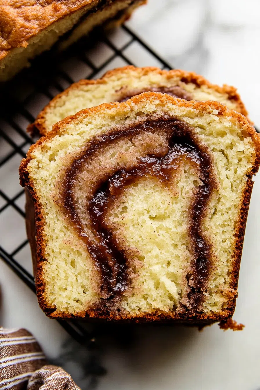 Side view of a loaf of cinnamon bread, showing the layers of cinnamon and bread, ready to be served.