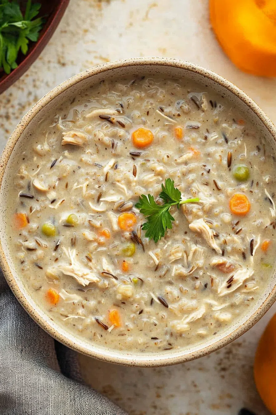 A warm bowl of creamy soup with tender chicken, rice, and vegetables.