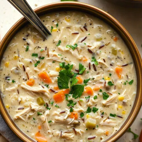 Top-down view of a pot of chicken and wild rice soup, with steam rising from the surface.