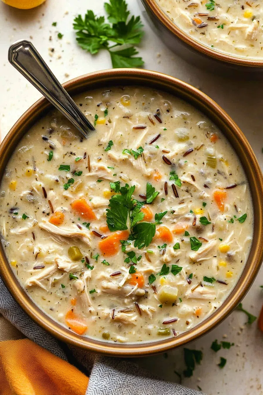 Top-down view of a pot of chicken and wild rice soup, with steam rising from the surface.