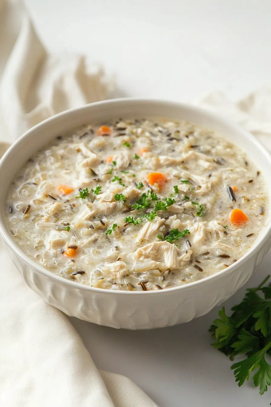 Side view of a bowl of chicken and wild rice soup, emphasizing the creamy texture and chunks of chicken.