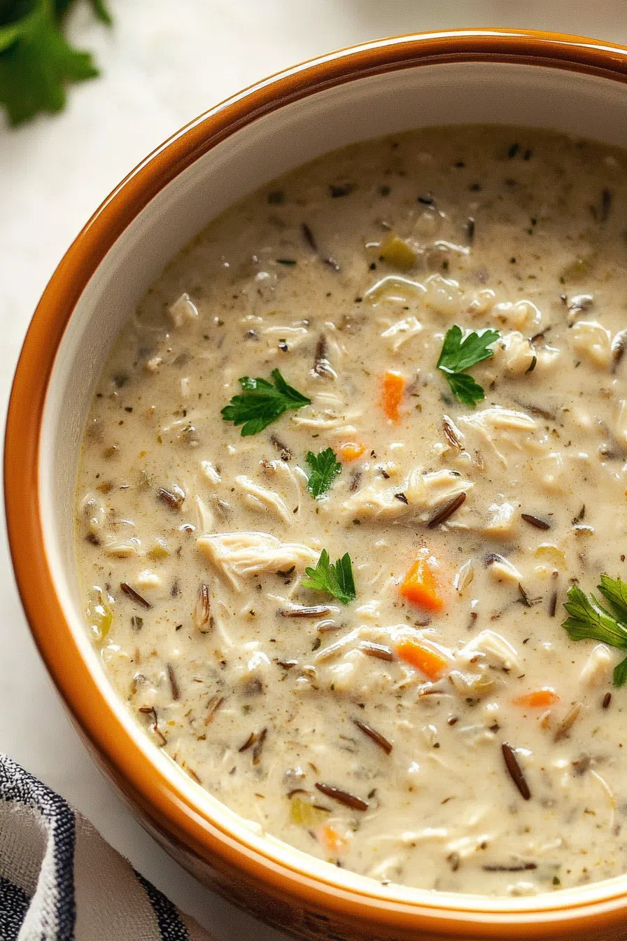 Close-up of a spoonful of chicken and wild rice soup, highlighting the tender chicken pieces and hearty vegetables.