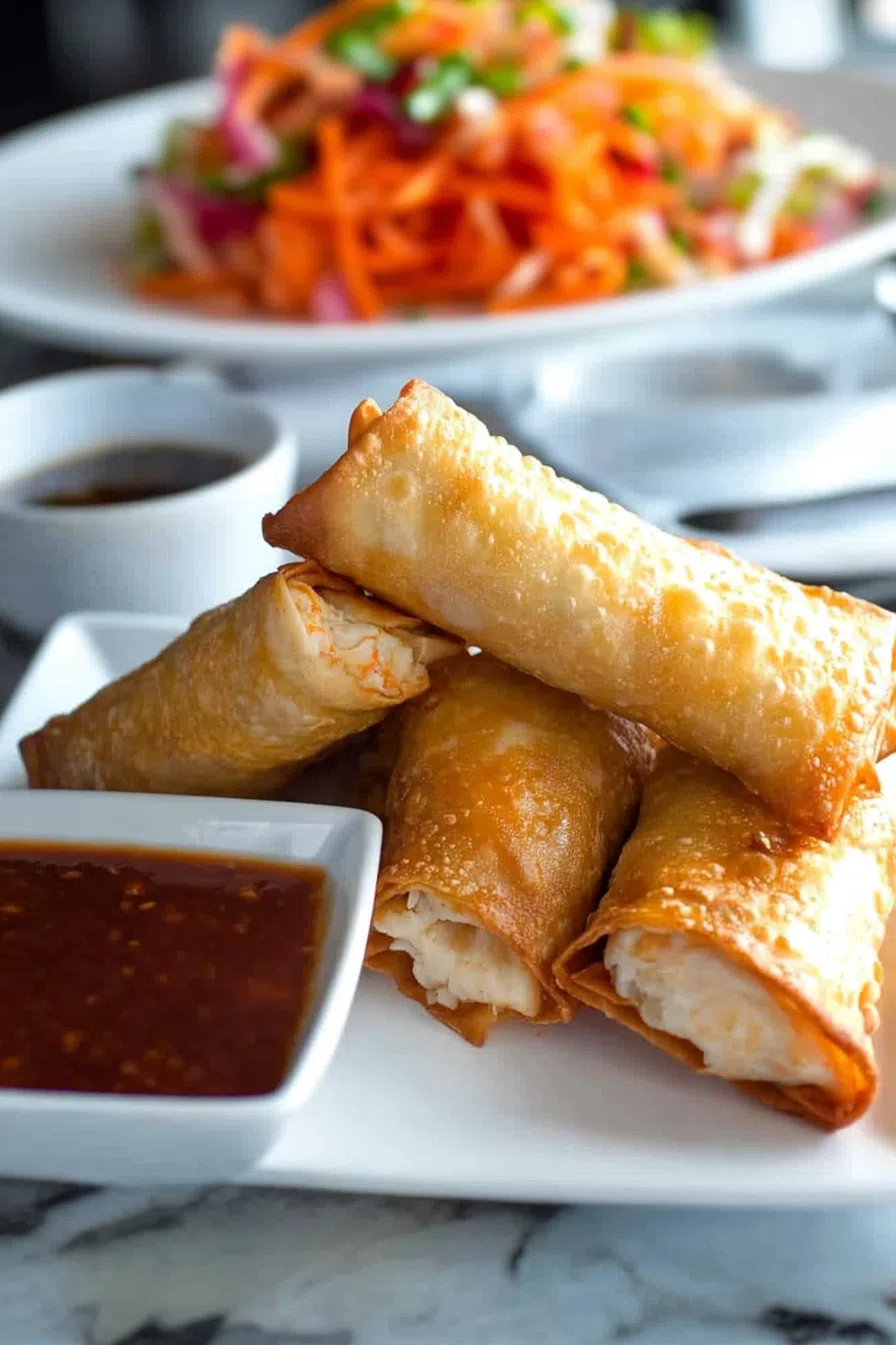Golden-brown crab rangoon egg rolls served with a side of sweet and sour dipping sauce.