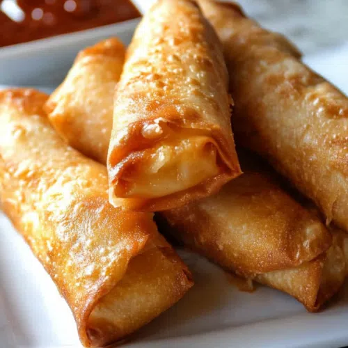 Freshly cooked crab rangoon egg rolls paired with a tangy dipping sauce, set on a marble countertop.