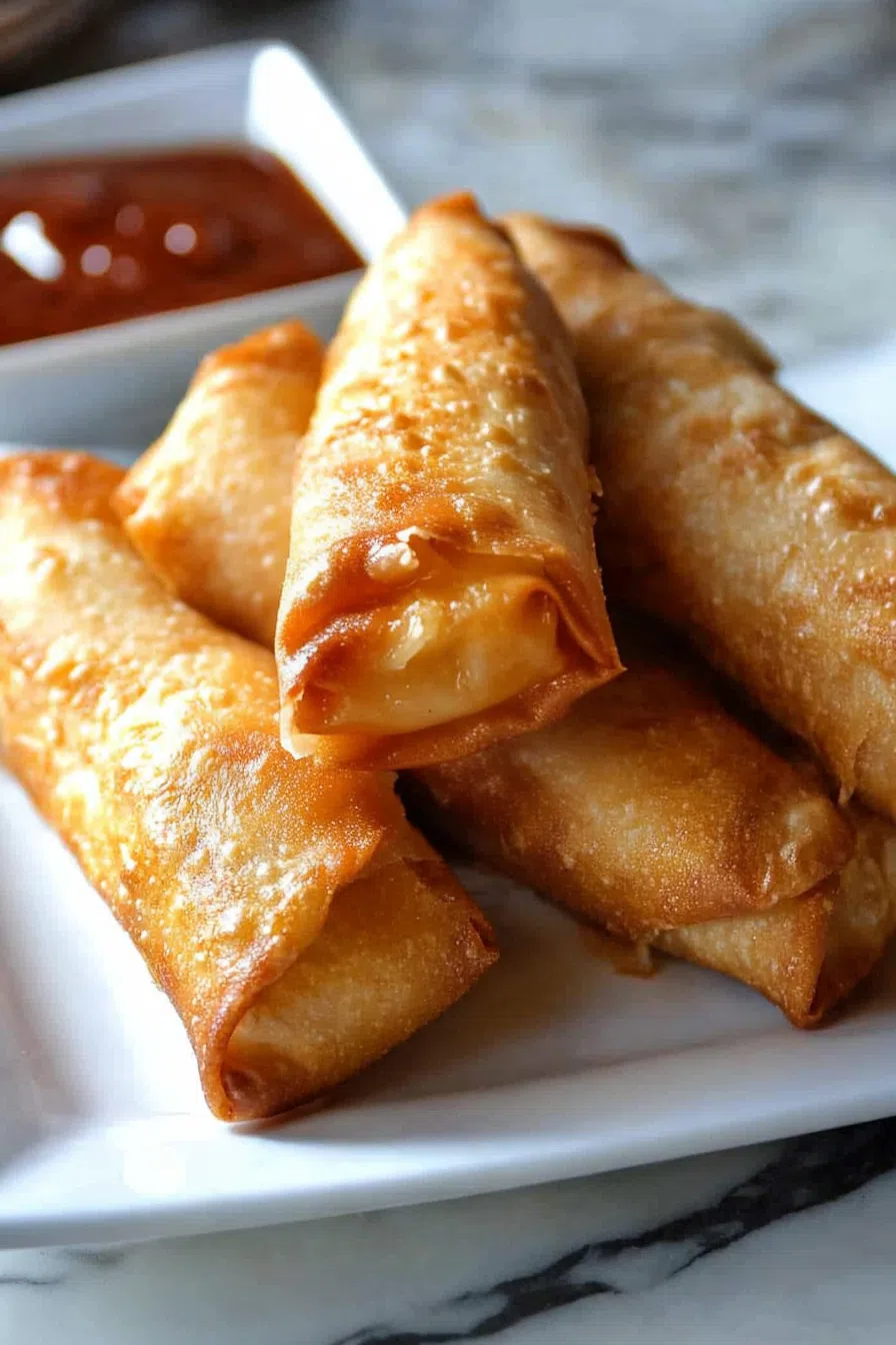 Freshly cooked crab rangoon egg rolls paired with a tangy dipping sauce, set on a marble countertop.